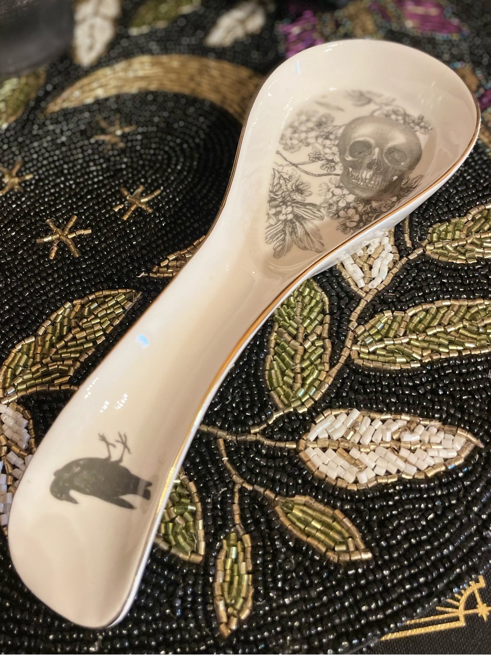 PARK CHATEAU Fine Porcelain Skull And Raven Spoon Rest